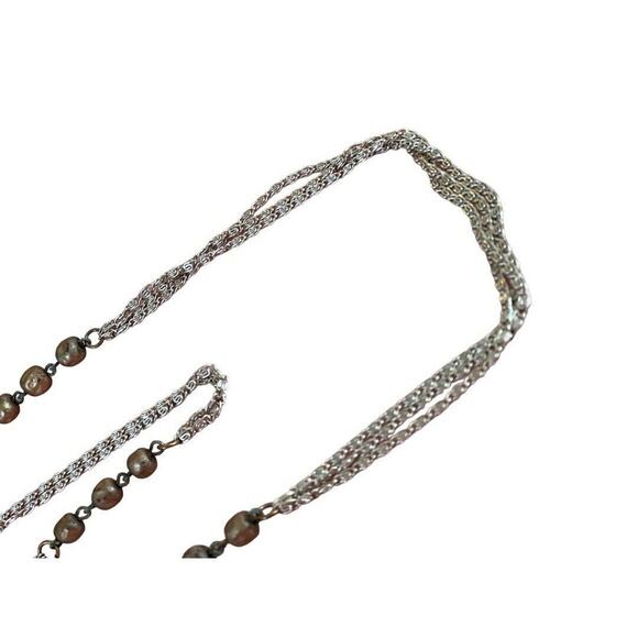 Vintage 55" Three Strand Beaded Necklace Silver Tone Chain Champagne Beads - Picture 3 of 13